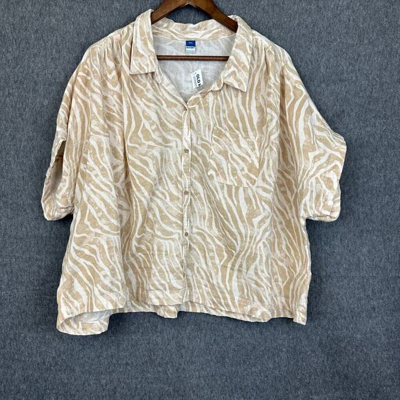 Old Navy Woven Cotton Beige Zebra Print Top sz XXL Button Up Dolman Sleeve NEW - Picture 1 of 8
